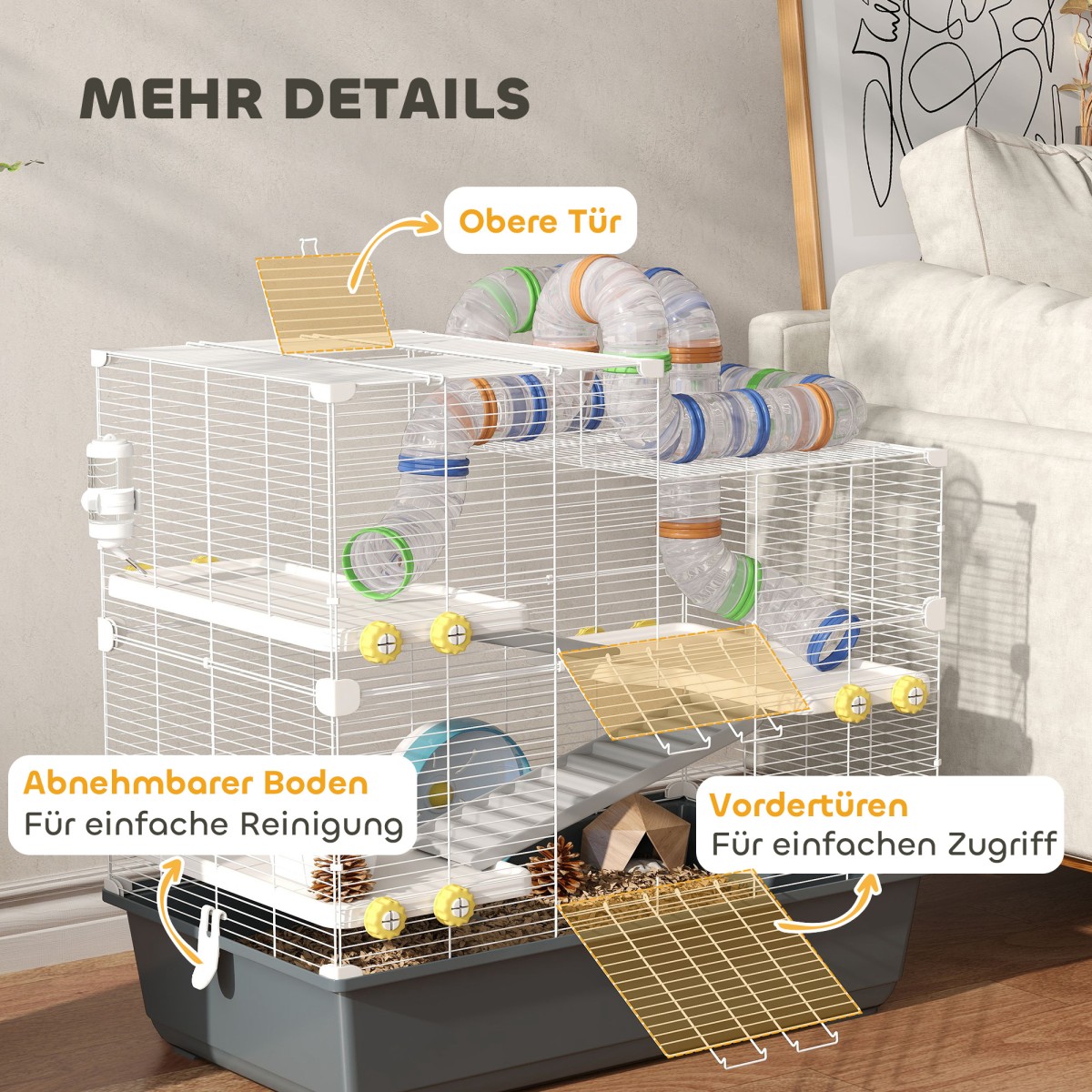Dwarf Hamster Cage 4 Levels Tunnel System Hut Accessories Top Opening 78 x 45 x 73 cm Γκρι