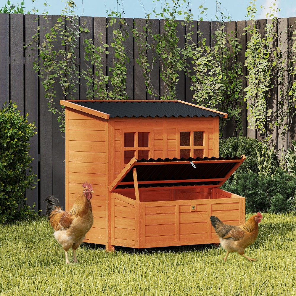 Κοτέτσι με κουτί φωλιάς για 4-6 κοτόπουλα, αδιάβροχη στέγη, ξύλο ελάτης, πλαστικό, 100 x 86 x 100 cm, πορτοκαλί