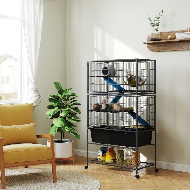 Κλουβί για μικρά ζώα, Κλουβί για κατοικίδια με 5 επίπεδα, αντιολισθητικές ράμπες, αιώρα, 88 x 48 x 150,5 cm, σκούρο γκρι