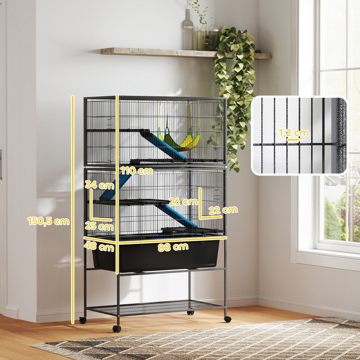 Κλουβί για μικρά ζώα, Κλουβί για κατοικίδια με 5 επίπεδα, αντιολισθητικές ράμπες, αιώρα, 88 x 48 x 150,5 cm, σκούρο γκρι