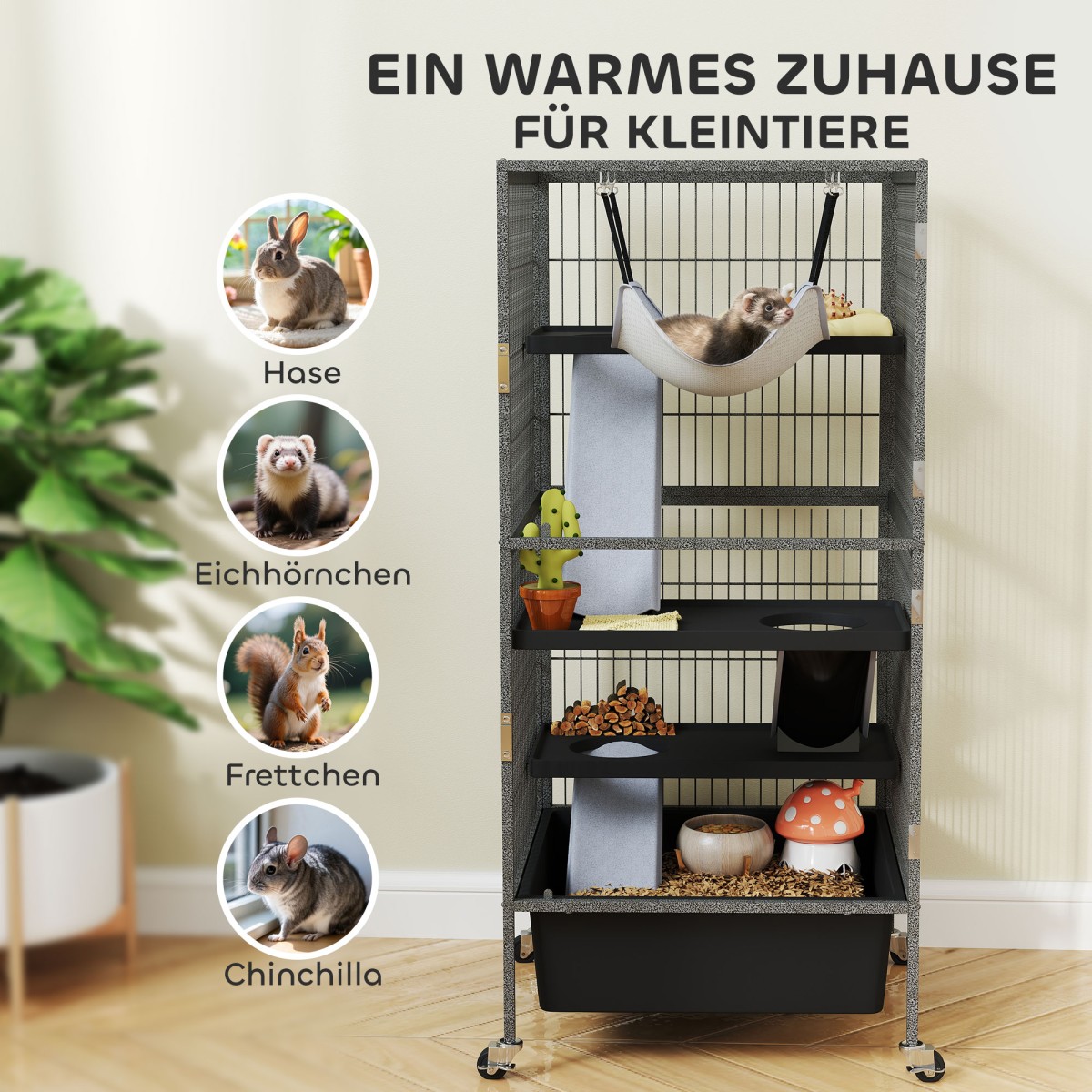 Κλουβί μικρού ζώου Κλουβί τρωκτικών 4 επιπέδων με επεκτεινόμενες ράμπες δίσκου Πλατφόρμες τροχών αιώρας 52x52x115 cm Γκρι