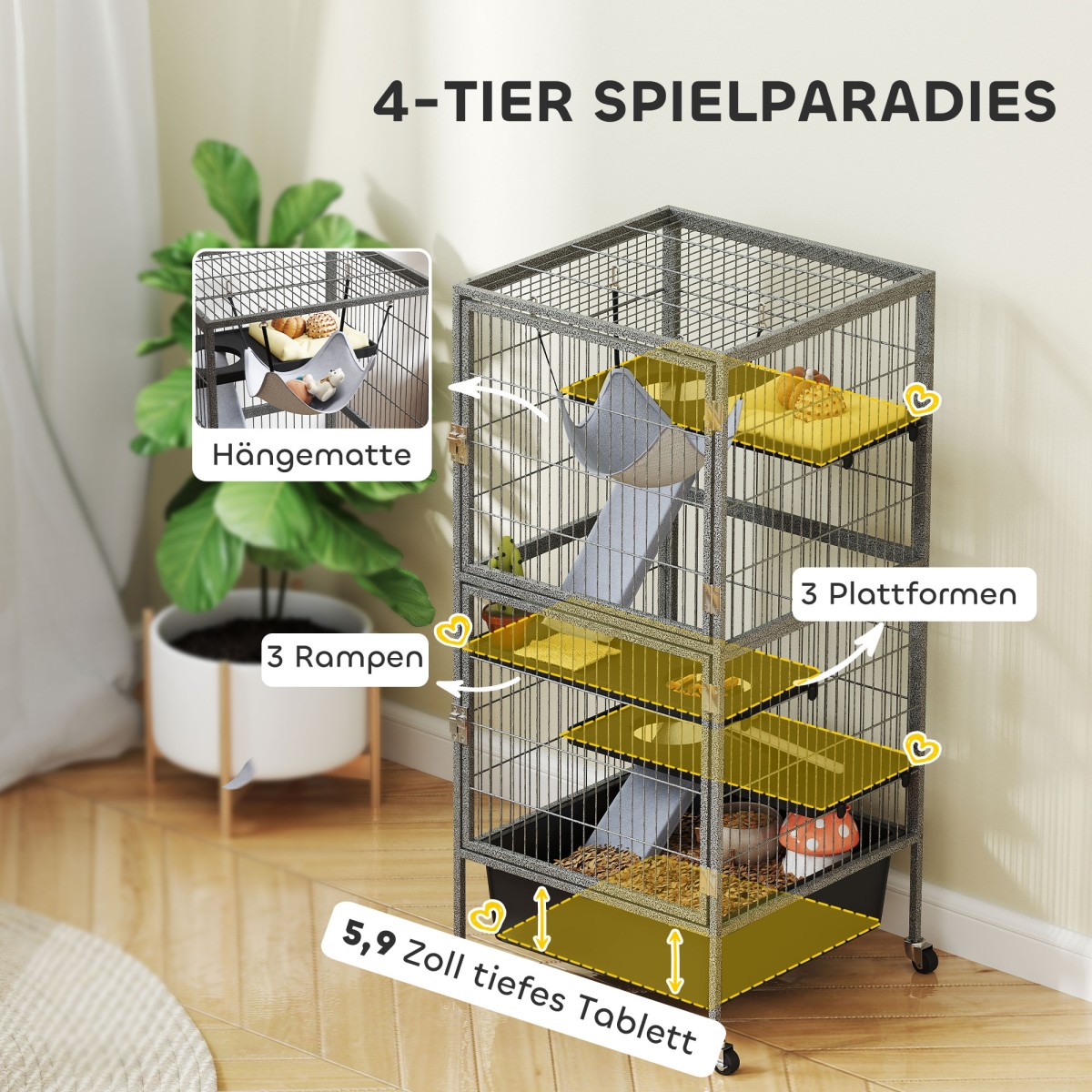 Κλουβί μικρού ζώου Κλουβί τρωκτικών 4 επιπέδων με επεκτεινόμενες ράμπες δίσκου Πλατφόρμες τροχών αιώρας 52x52x115 cm Γκρι