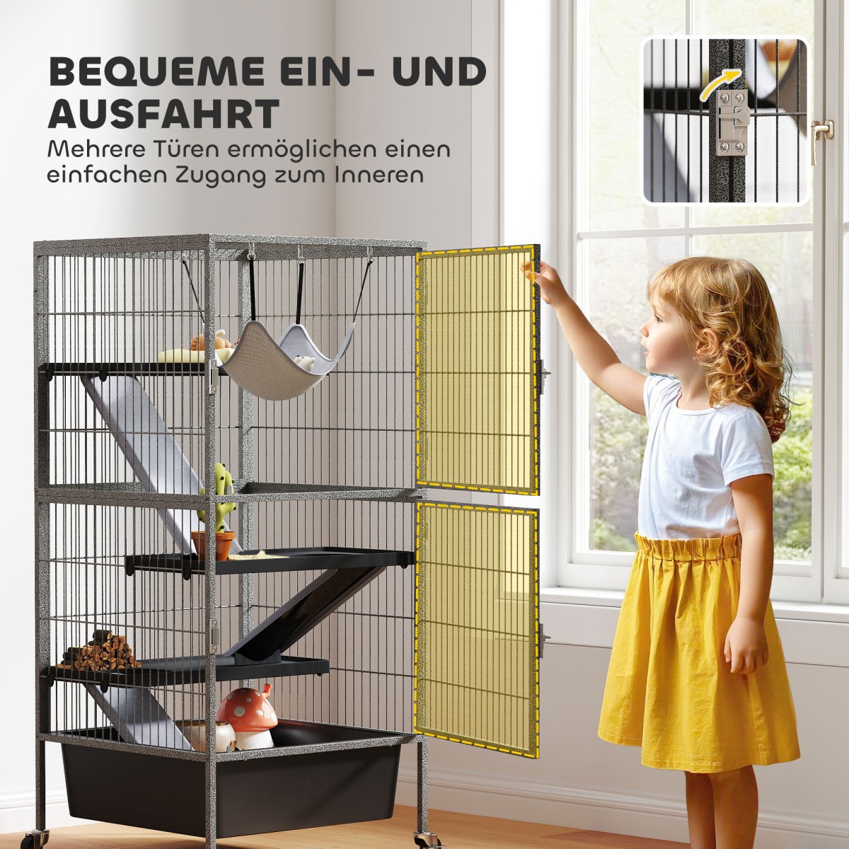 Κλουβί μικρού ζώου Κλουβί τρωκτικών 4 επιπέδων με επεκτεινόμενες ράμπες δίσκου Πλατφόρμες τροχών αιώρας 52x52x115 cm Γκρι