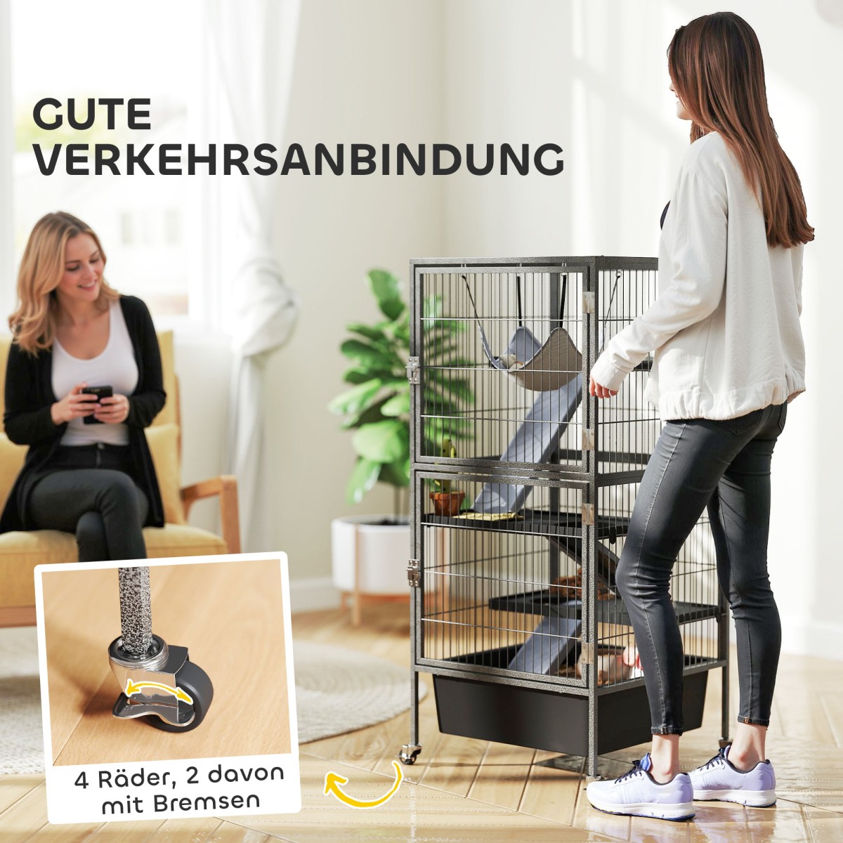 Κλουβί μικρού ζώου Κλουβί τρωκτικών 4 επιπέδων με επεκτεινόμενες ράμπες δίσκου Πλατφόρμες τροχών αιώρας 52x52x115 cm Γκρι