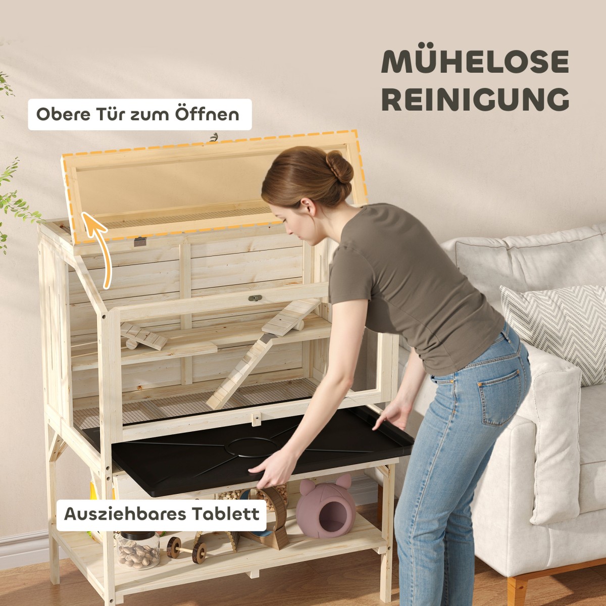 Κλουβί χάμστερ, 2 επιπέδων, Κλουβί για μικρά ζώα με αποθηκευτικό χώρο, αξεσουάρ, 84 x 53 x 110 cm, φυσικό ξύλο