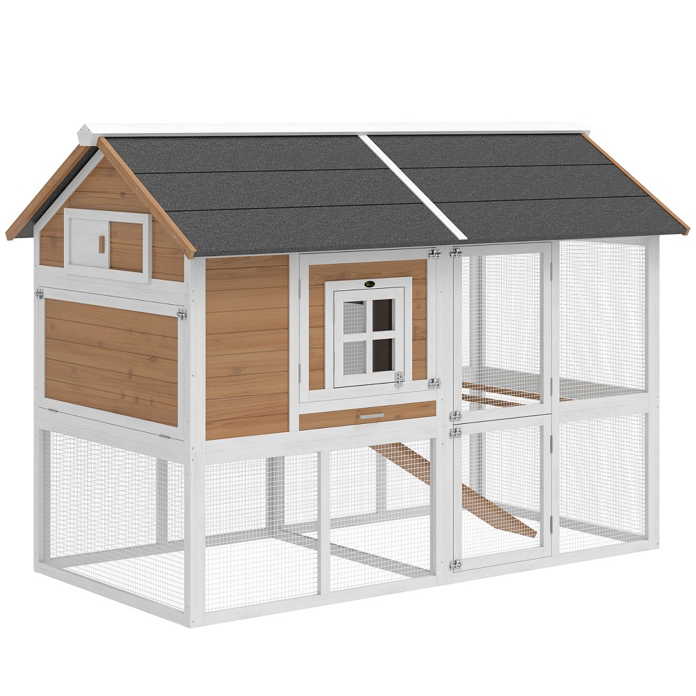 Σπίτι κοτόπουλου κοτέτσι με κουτί φωλιάς συρόμενου δίσκου ασφαλτική οροφή για 4 κοτόπουλα 200x104x145cm ξύλο καφέ