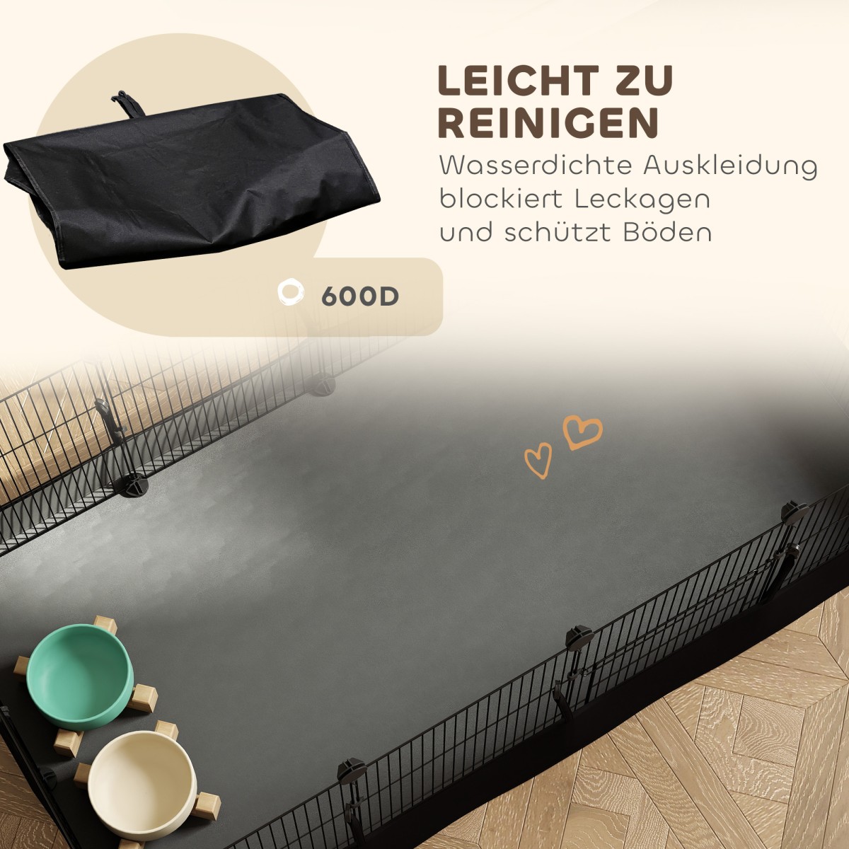 Περίβλημα για μικρά ζώα με πάνελ δαπέδου, περίβλημα εξωτερικού χώρου, παρκοκρέβατο με 12 πάνελ, αδιάβροχο χαλάκι, 120x60x40 cm, μαύρο