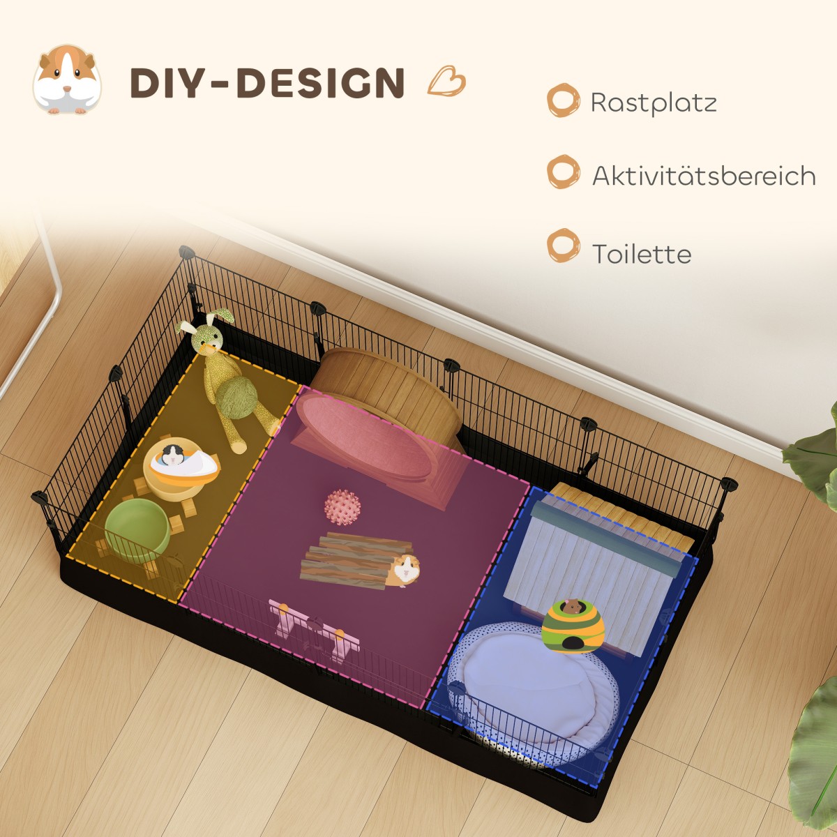 Περίβλημα για μικρά ζώα με πάνελ δαπέδου, περίβλημα εξωτερικού χώρου, παρκοκρέβατο με 12 πάνελ, αδιάβροχο χαλάκι, 120x60x40 cm, μαύρο