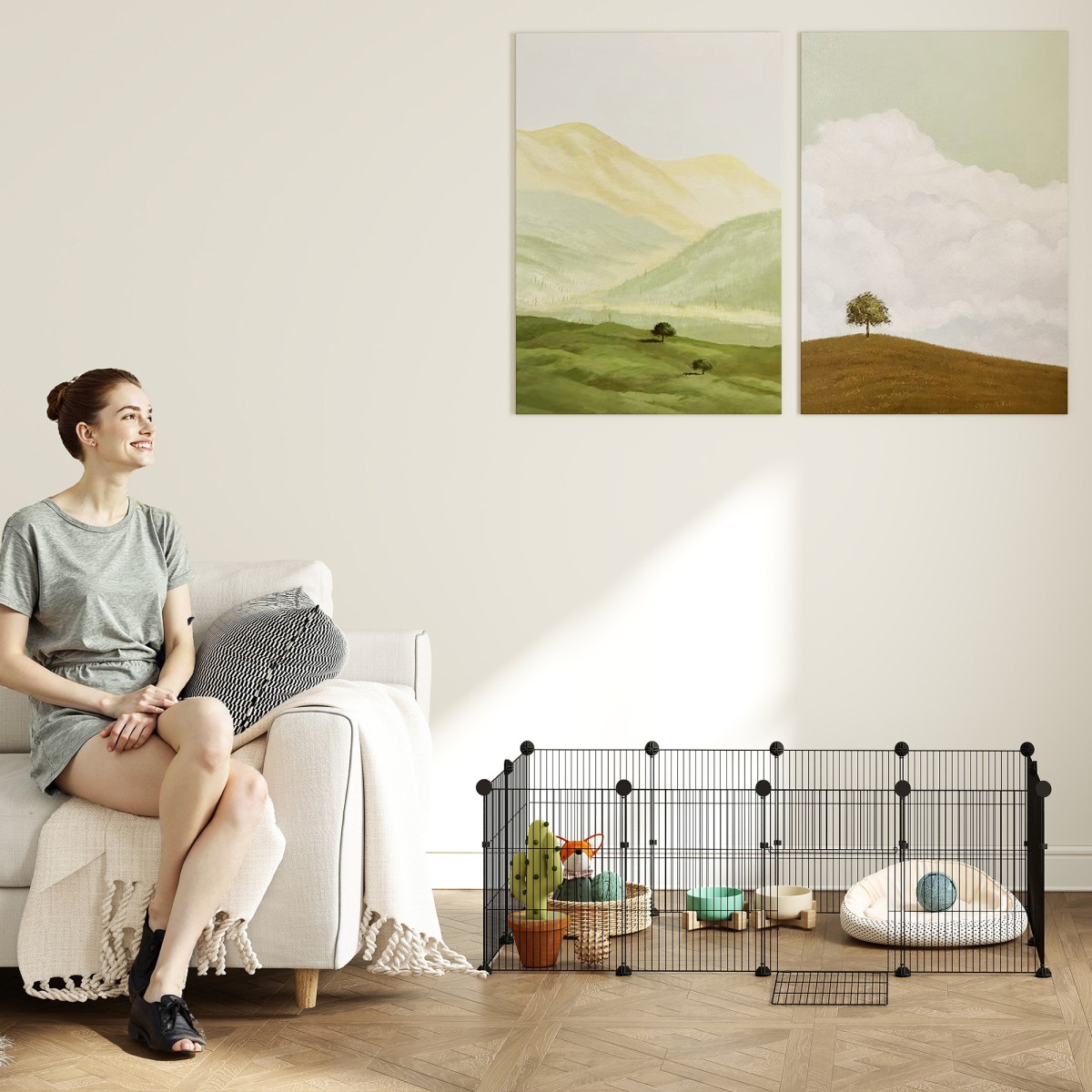 Περίβλημα για μικρά ζώα με πάνελ δαπέδου, περίβλημα εξωτερικού χώρου, παρκοκρέβατο με 12 πάνελ, αδιάβροχο χαλάκι, 120x60x40 cm, μαύρο