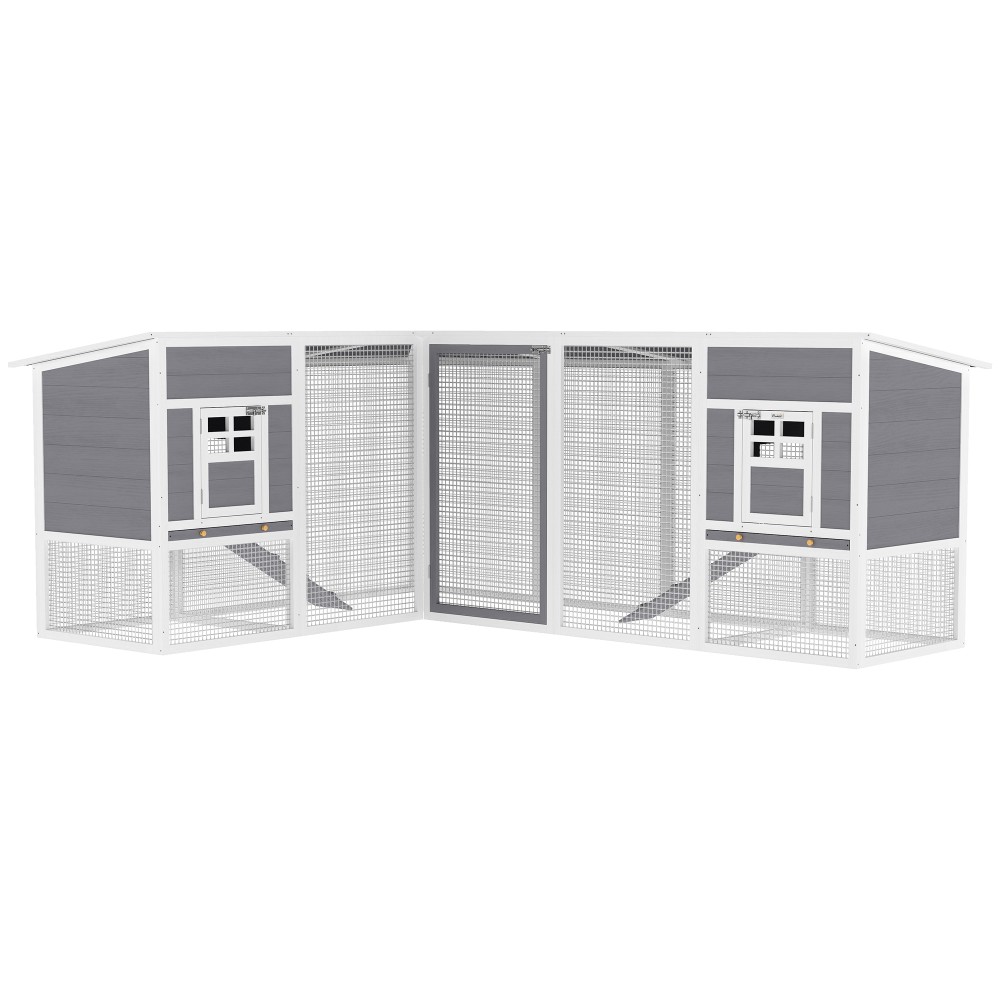 Κοτέτσι σε σχήμα L ξύλινο σπιτάκι κοτόπουλου με 2 σπιτάκια, 2 επίπεδα, τρέξιμο, ράμπα, 251 x 192 x 103 εκ. γκρι