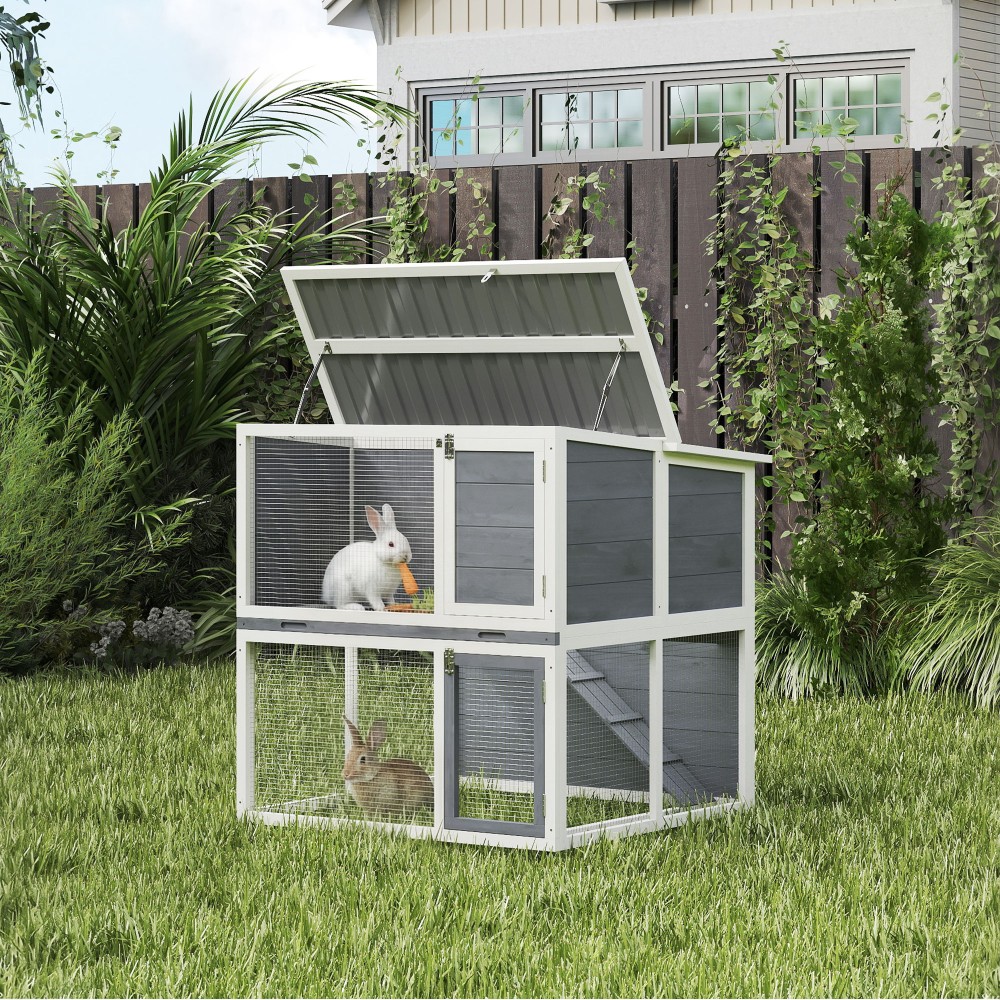 Κουνέλια κουνέλια 2 επιπέδων ξύλινη κουνέλια κουνελιών με αδιάβροχη αρθρωτή οροφή, εξωτερικό περίβλημα, ράμπα, 98x95x102,5 cm γκρι