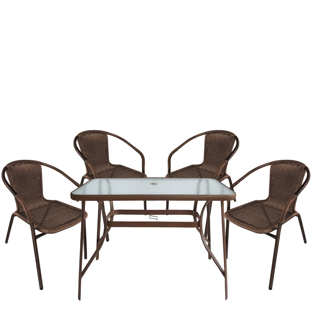 Σετ Τραπεζαρία Κήπου ArteLibre SUN Καφέ Rattan/Γυαλί/Μέταλλο Με 4 Πολυθρόνες 14990532