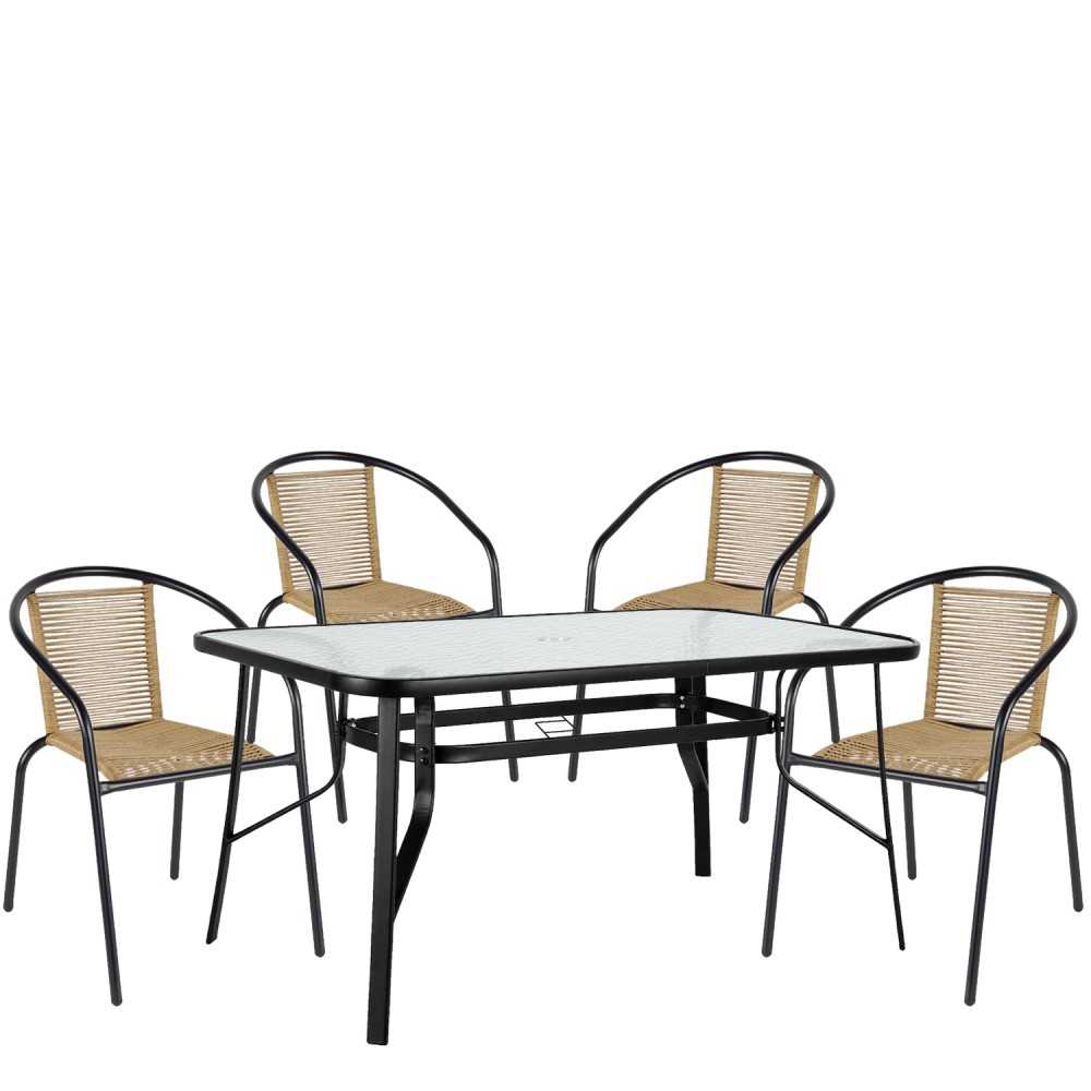 Σετ Τραπεζαρία Κήπου ArteLibre SUN Μαύρο/Φυσικό Rattan/Γυαλί/Μέταλλο Με 4 Πολυθρόνες 14990591
