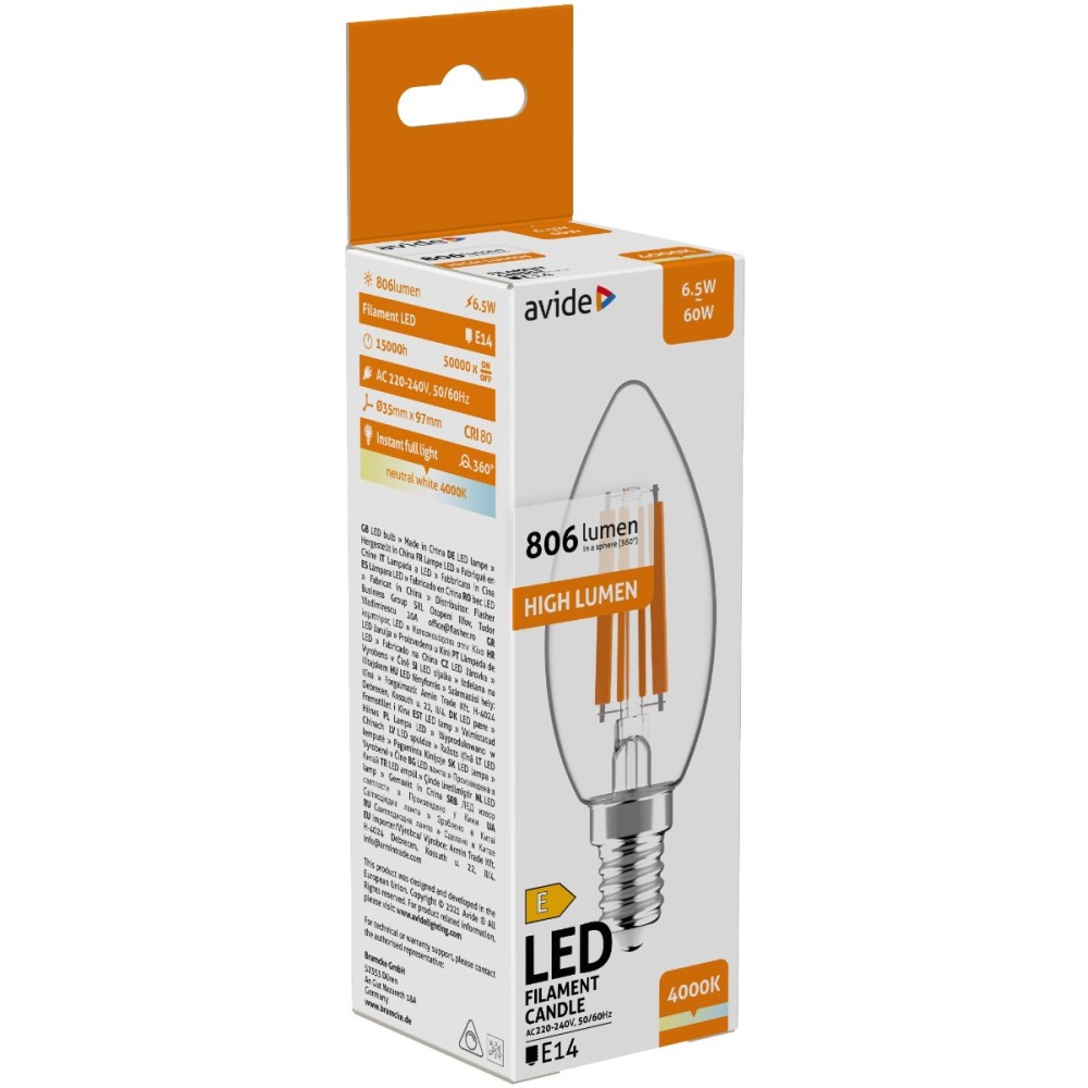 Avide LED Filament Candle 6.5W E14 NW 4000K High Lumen