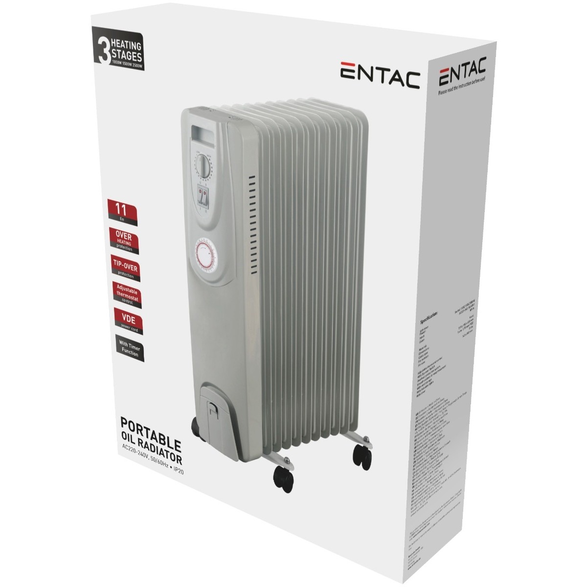 Entac Oil Heater 9 Fins 2500W White with Timer