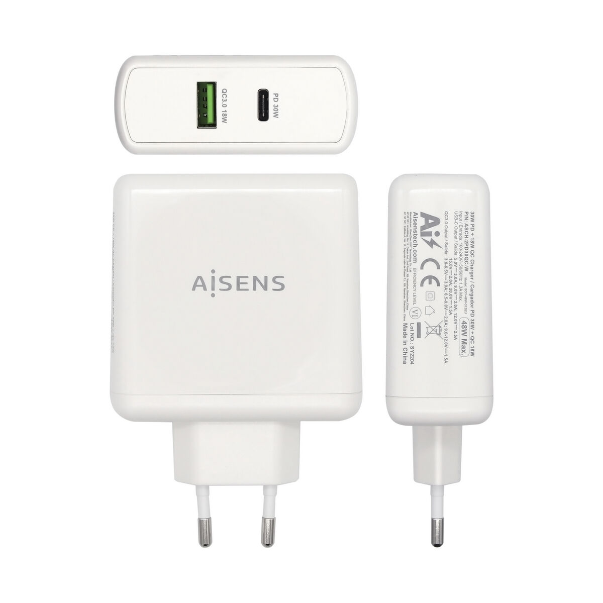 Φορτιστής USB Τοίχου Aisens ASCH-2PD30QC-W 48 W Λευκό USB-C