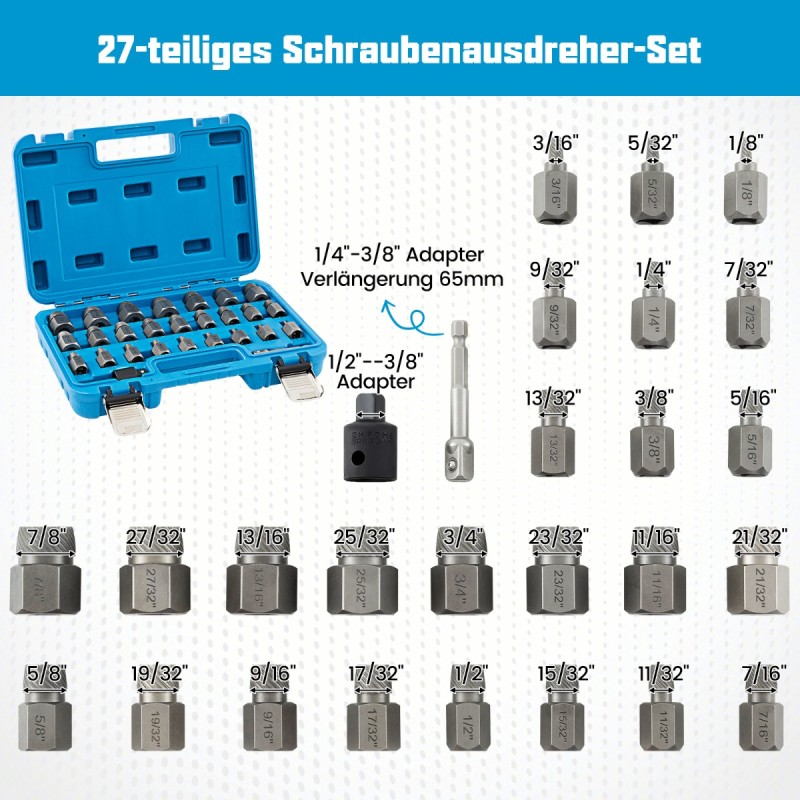 Costway Σετ Εξολκέων Βιδών 27 Τεμαχίων με Θήκη Επαγγελματικό Σετ Αριστερόστροφων Εξολκέων Μπλε AU10033BL