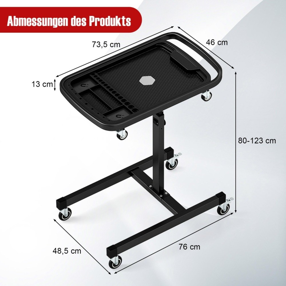 Costway Πολυλειτουργικός 2-σε-1 τροχήλατος πάγκος εργαλείων με ρυθμιζόμενο ύψος και αφαιρούμενο δίσκο AU10042BK