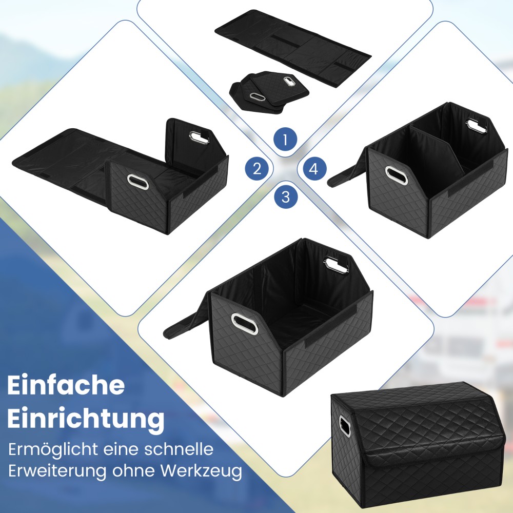 Costway 35L Πτυσσόμενος Οργανωτής Πορτ-μπαγκάζ Αυτοκινήτου από Δέρμα με Καπάκι & Ευέλικτο Διαχωριστικό Καπιτονέ AX10016HF