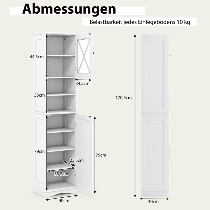Costway  Λεπτή ντουλάπα μπάνιου με 5 ρυθμιζόμενα ράφια & 2 πόρτες, λευκή, 40 x 30 x 170,5 εκ. BA8176WH