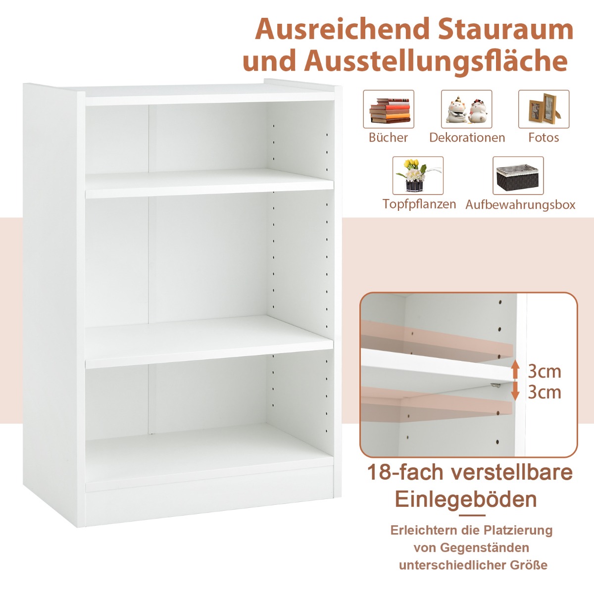 Costway Λευκή Βιβλιοθήκη 3 Επιπέδων 50 x 30 x 75 cm CB10458WH