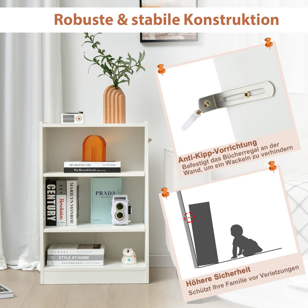 Costway Λευκή Βιβλιοθήκη 3 Επιπέδων 50 x 30 x 75 cm CB10458WH