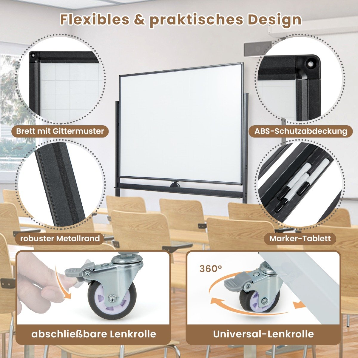 Costway Διπλής Όψης Πίνακας Whiteboard με Ρυθμιζόμενο Ύψος και Αξεσουάρ CB10566BK