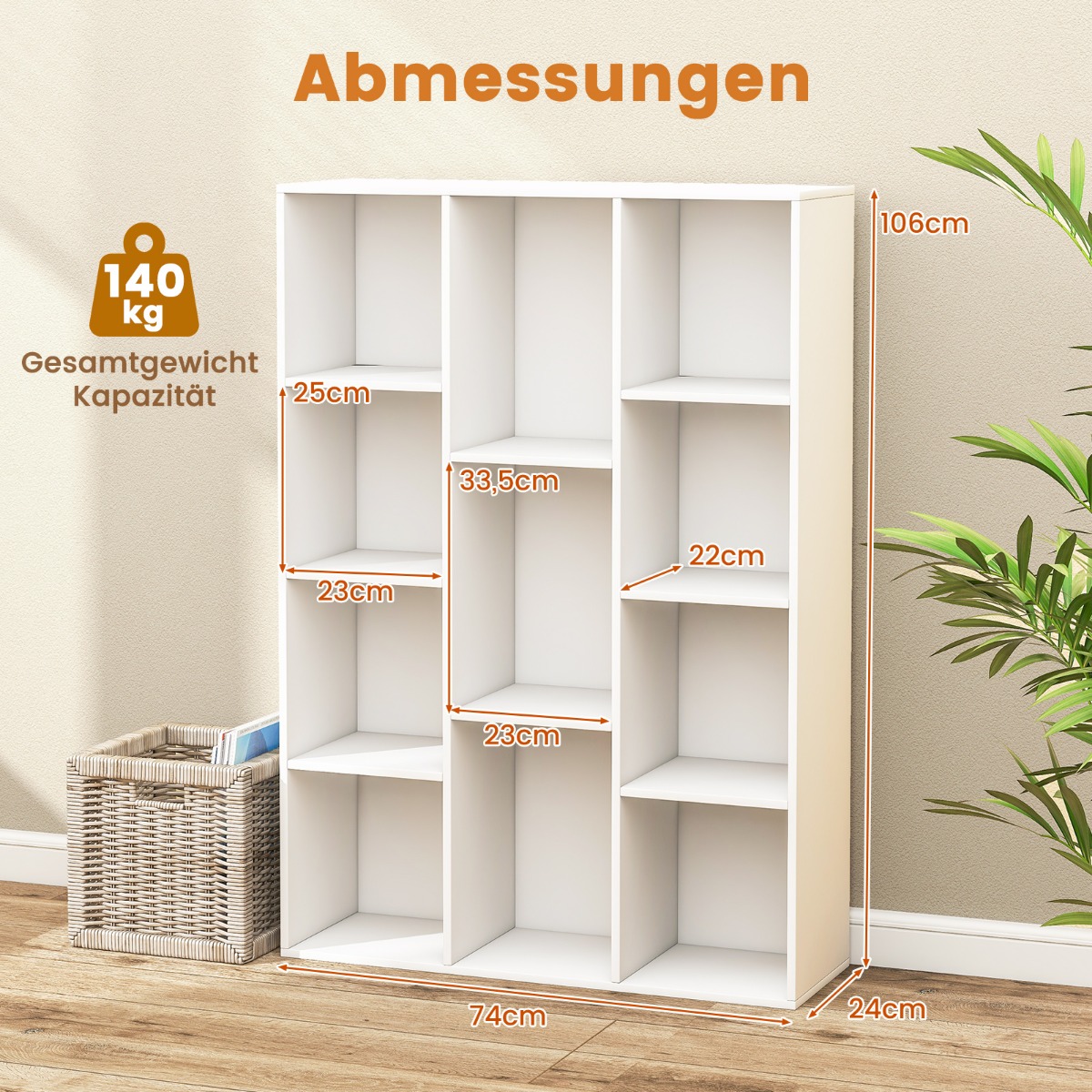 Costway Ράφι βιβλιοθήκης με 11 θέσεις Λευκό 74 x 24 x 106 cm CB10703WH