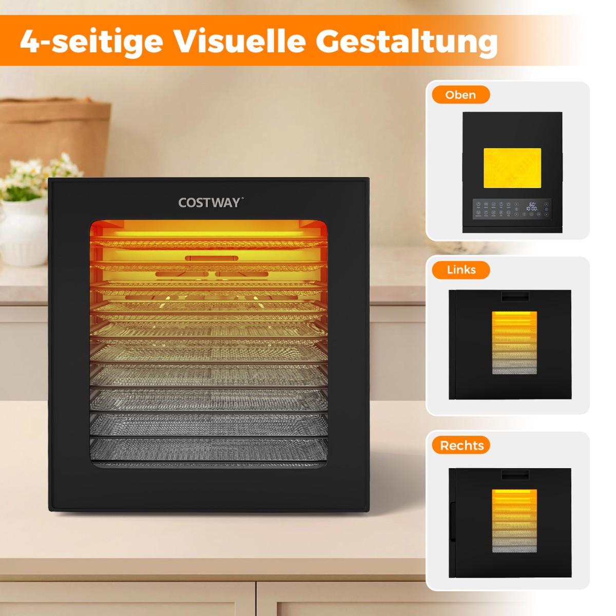 Costway Αποξηραντήρας 850W με 10 προγράμματα, 10 ανοξείδωτες σχάρες, χρονοδιακόπτη 48 ωρών και θερμοκρασία 30-75℃ ES10491DE-BK