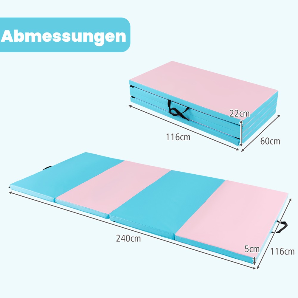 Costway Πτυσσόμενο Στρώμα Γυμναστικής 240 x 120 x 5 cm με Βέλκρο και 2 Χειρολαβές σε Μπλε + Ροζ χρώμα FH10087BL