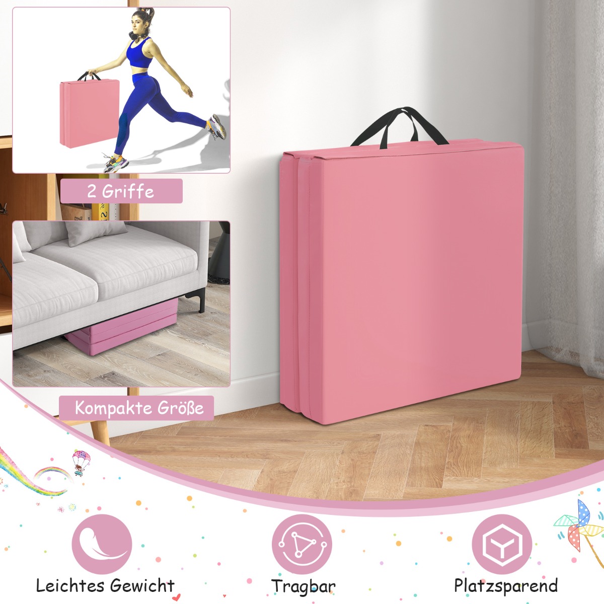 Costway Ροζ Αναδιπλούμενο Στρώμα Γυμναστικής με Λαβές και Αντιολισθητική Επιφάνεια FH10093FS