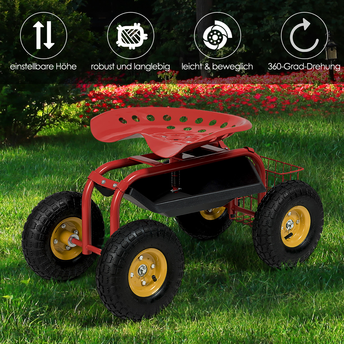 Costway Περιστρεφόμενος Κήπος Καθιστικό με Ρόδες και Ρυθμιζόμενο Ύψος σε Κόκκινο Χρώμα GT3449RE