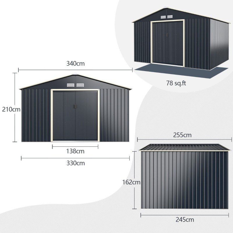 Costway  Μεταλλική Αποθήκη 340 x 255 x 210 cm Εξωτερικού Χώρου με Κλειδαριές και Αερισμό GT3733GR+