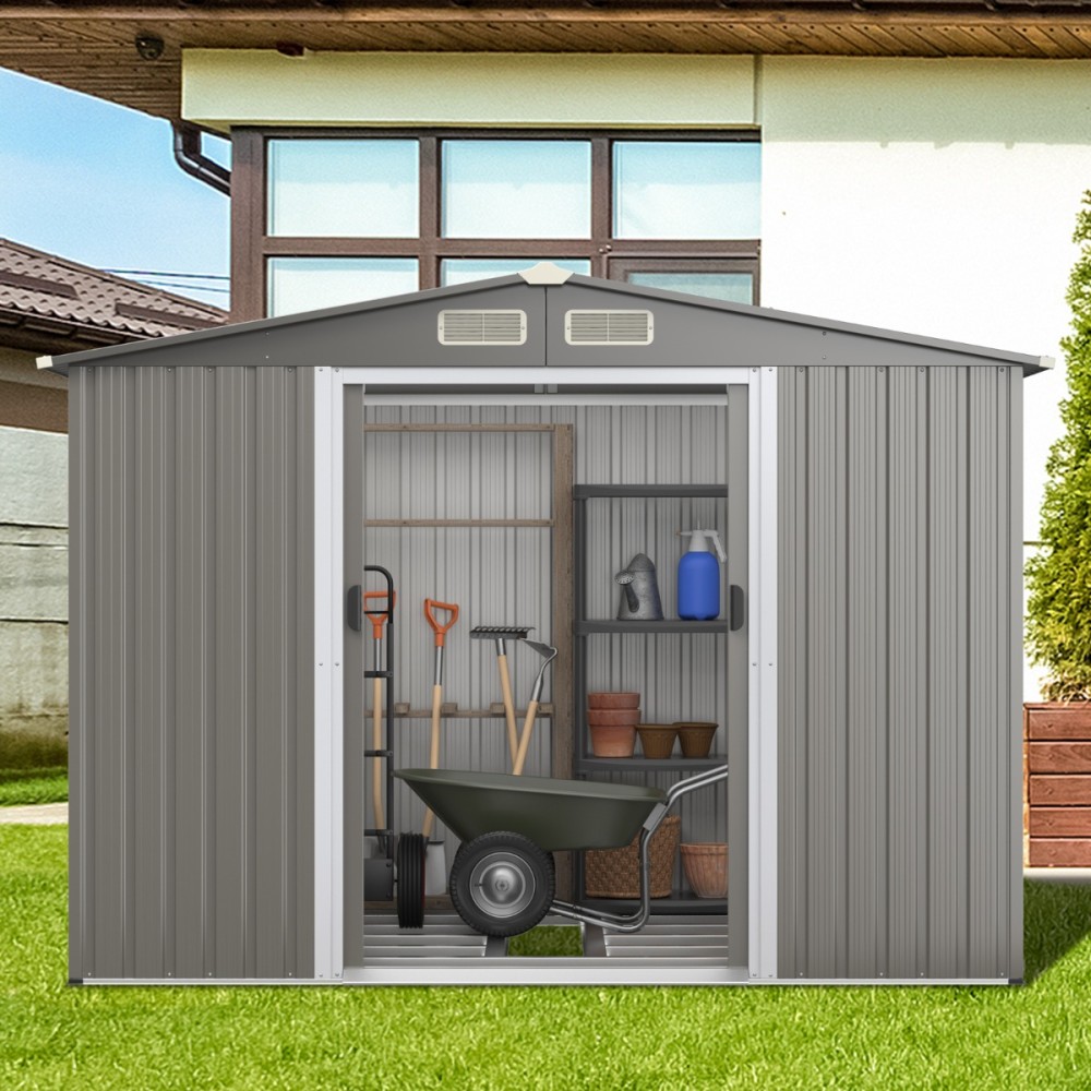 Costway Αποθήκη από Γαλβανισμένο Ατσάλι με Διπλές Πόρτες & Ράμπα 260 x 207 x 180 cm Γκρι GT3859SH+