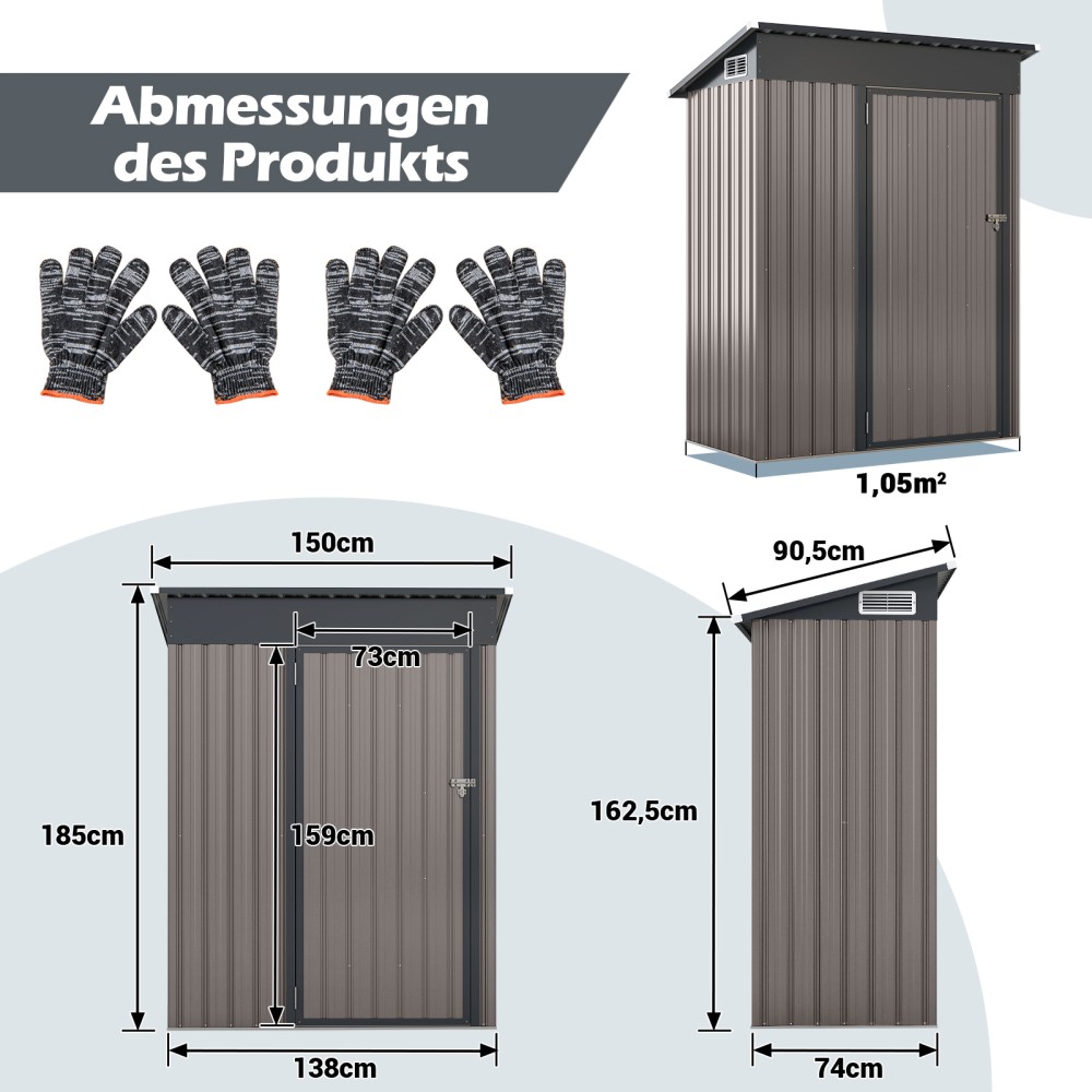 Costway Μεταλλικό Κήπου 1,5 m³ με Πρακτική Κλίση - Κομψό σε Ανοιχτό Γκρι (150 x 90,5 x 185 cm) GT4222HS