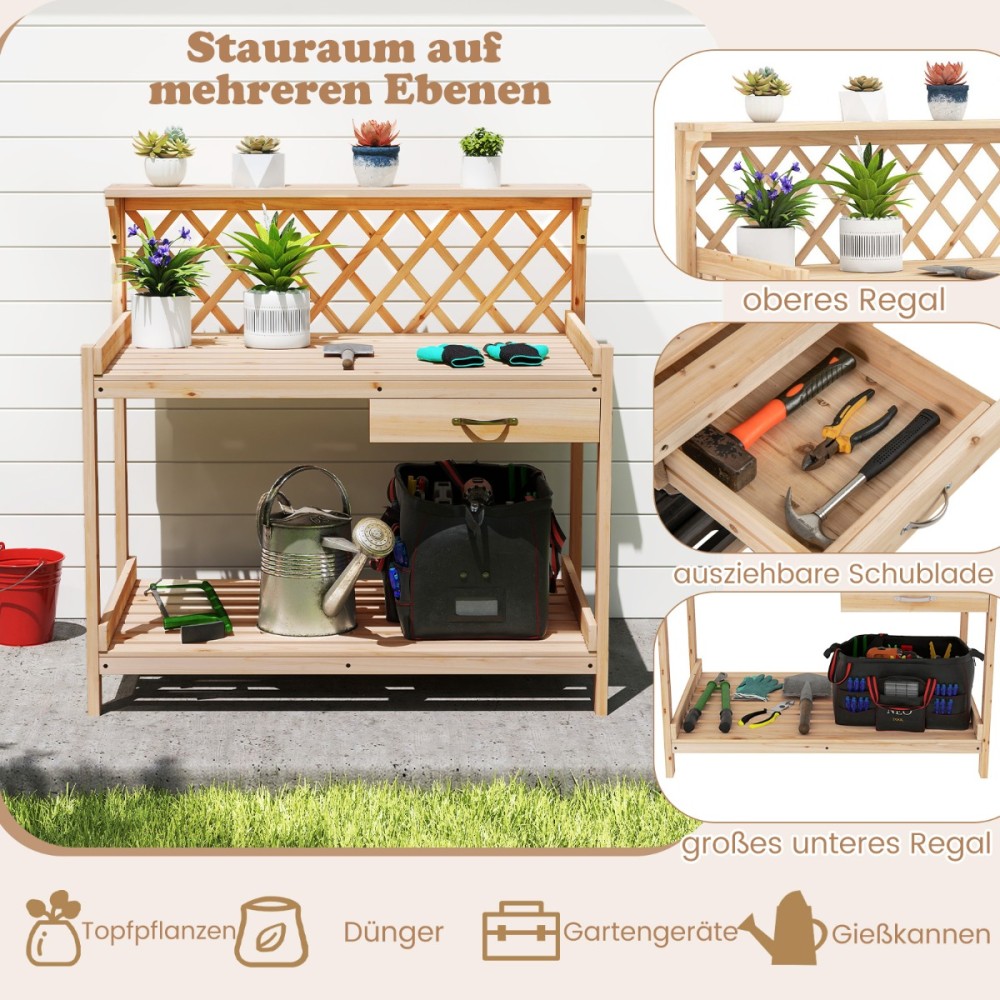 Costway Ξύλινος Πάγκος Φύτευσης με Σχάρα και Εργασιακή Επιφάνεια και Συρτάρι και 2 Ράφια GT4427