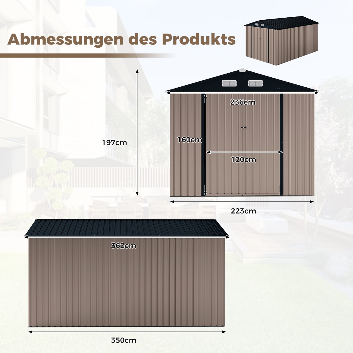 Costway Μεταλλικό Σπιτάκι Εργαλείων 350 x 223 x 197 cm με Κεκλιμένη Στέγη και Κλειδαριά GT4434GR+