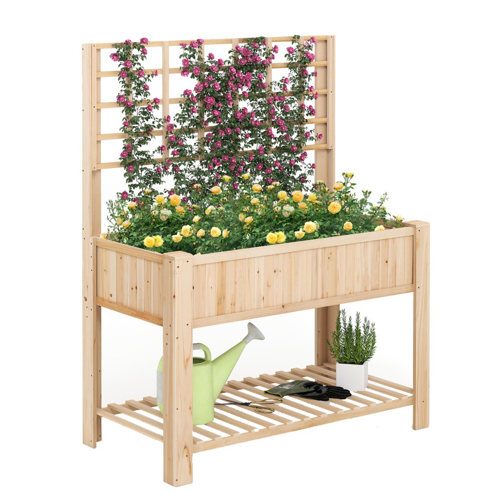 Costway Υπερυψωμένο Παρτέρι με Πέργκολα και Ράφι, Ξύλινη Ζαρντινιέρα με Οπές Αποστράγγισης, 116 x 59 x 150 cm, Φυσικό Χρώμα GT4441NA