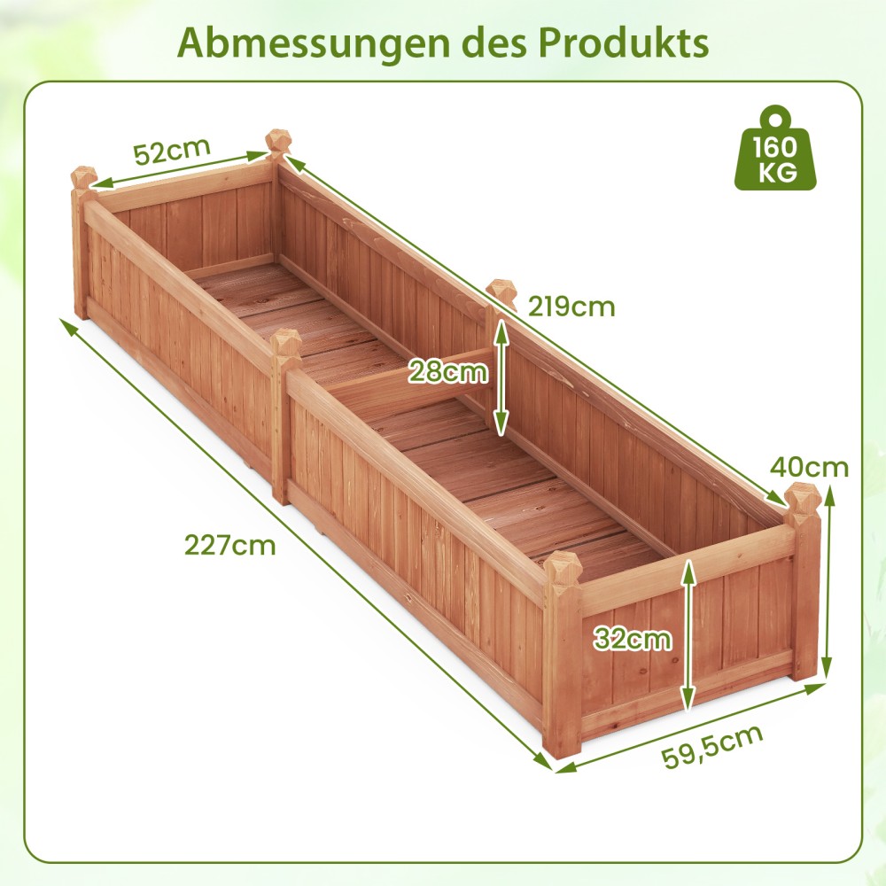 Costway Ξύλινη Ζαρντινιέρα με Διαχωριστικό και Αποστραγγιστικές Οπές (227 x 59,5 x 40 cm) Καφέ GT4445CF