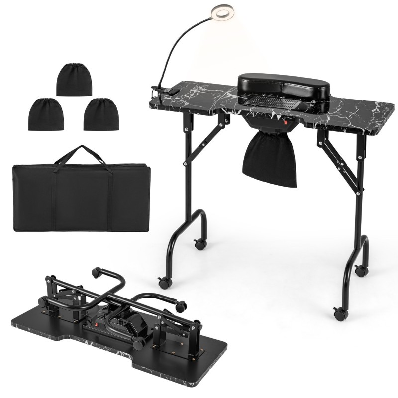 Costway Πτυσσόμενο Τροχήλατο Τραπέζι Μανικιούρ με Ηλεκτρικό Συλλέκτη Σκόνης και Ρυθμιζόμενη LED Λάμπα HB88582DE-BK