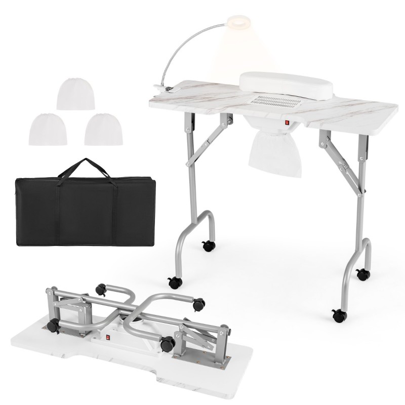 Costway Πτυσσόμενο Τροχήλατο Τραπέζι Μανικιούρ με Ηλεκτρικό Συλλέκτη Σκόνης και Ρυθμιζόμενη LED Λάμπα HB88582DE-WH