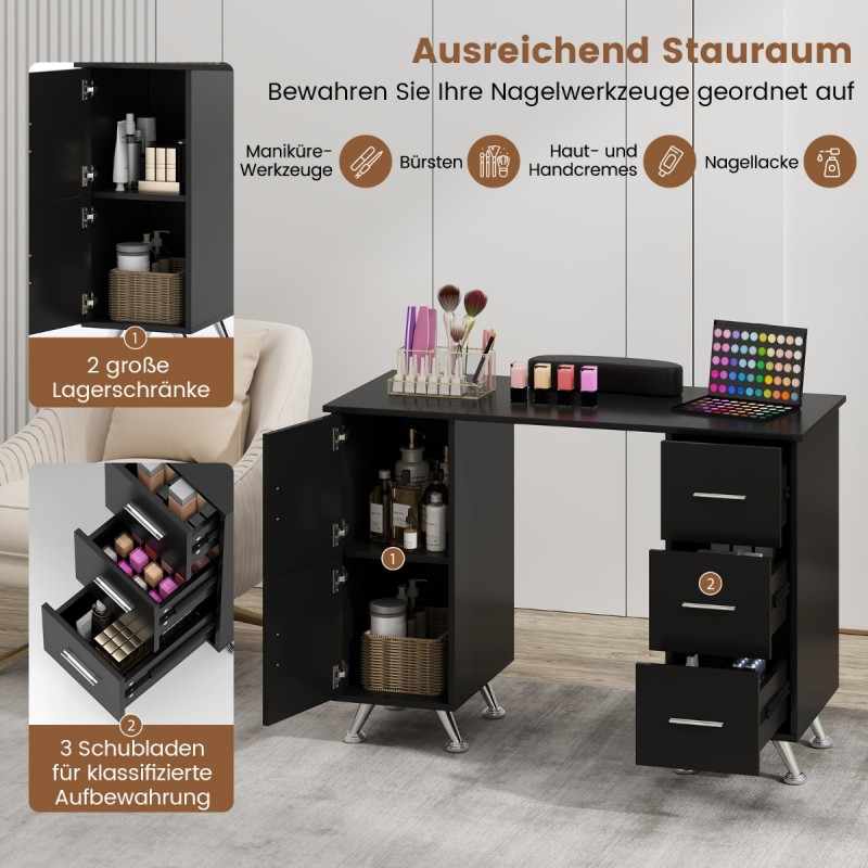 Costway Τραπέζι Μανικιούρ με Αποθηκευτικό Χώρο και Ανθεκτική Επιφάνεια από MDF, Μεταλλικά Πόδια και Άνετο Μαξιλάρι Στήριξης Χεριών HB88758BK