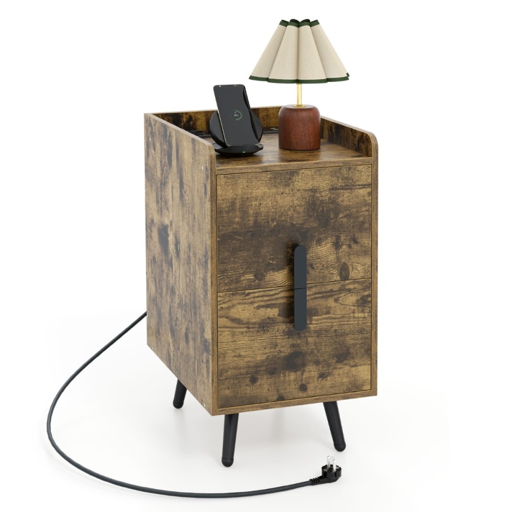 Costway Στενό Κομοδίνο με Φόρτιση: 2 Συρτάρια & USB, 40x32x60 εκ, Ρουστίκ Καφέ HU10585DE-CF