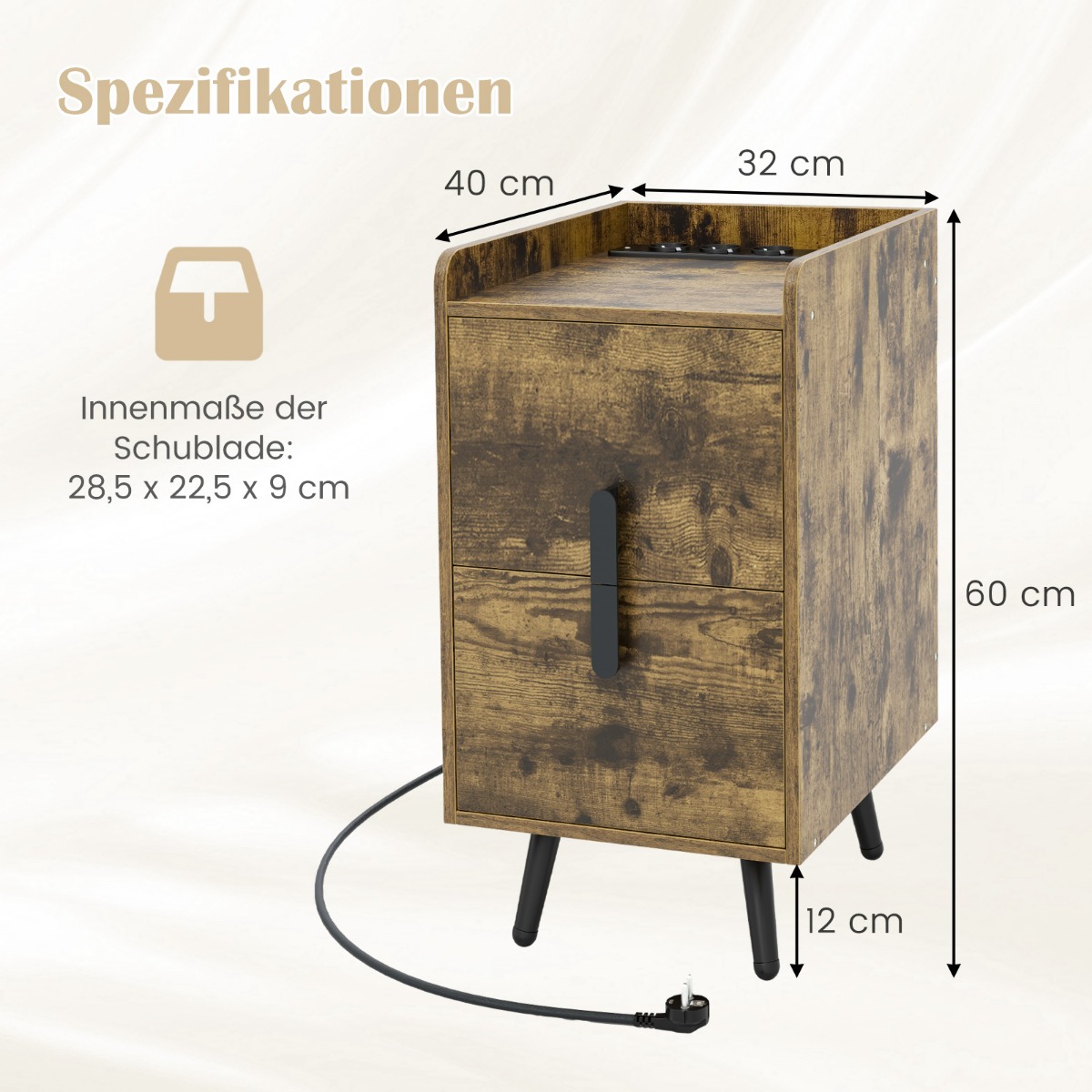 Costway Στενό Κομοδίνο με Φόρτιση: 2 Συρτάρια & USB, 40x32x60 εκ, Ρουστίκ Καφέ HU10585DE-CF