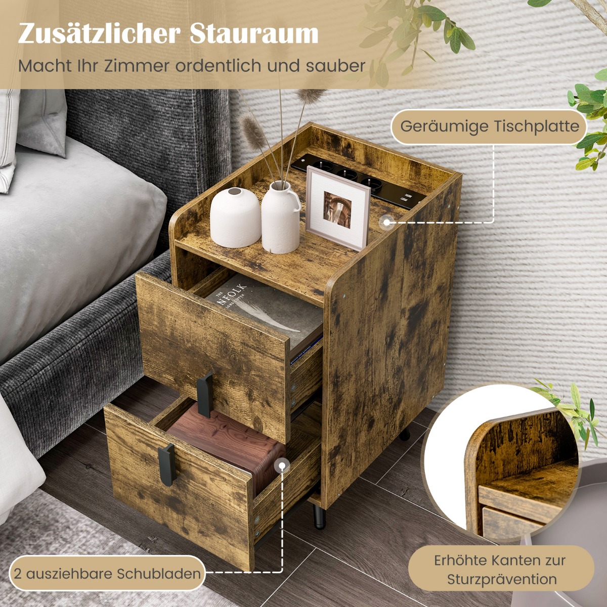 Costway Στενό Κομοδίνο με Φόρτιση: 2 Συρτάρια & USB, 40x32x60 εκ, Ρουστίκ Καφέ HU10585DE-CF