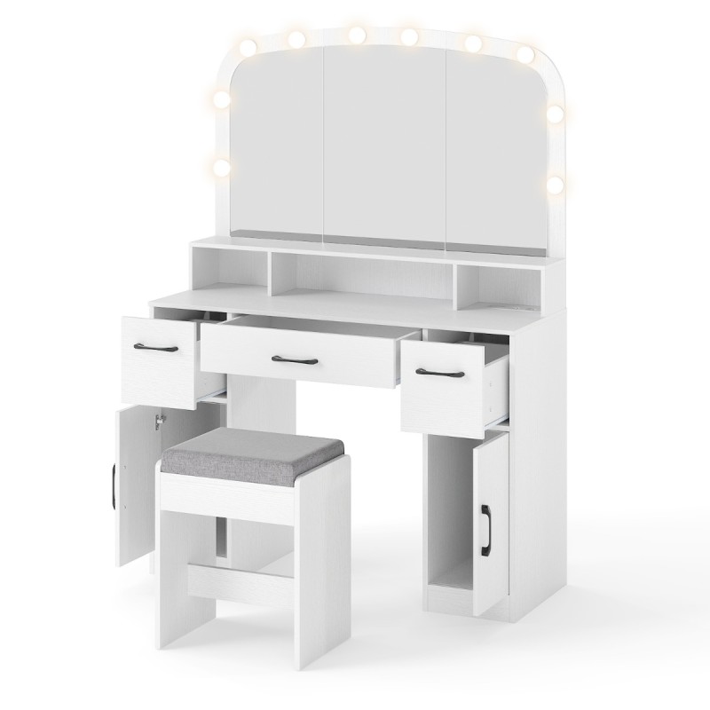 Costway Σετ Καλλωπισμού με Καθρέφτη LED 3 Χρωμάτων & Σκαμπό108 x 40 x 149 εκ. με Σταθμό Φόρτισης HU11107DE-WH+