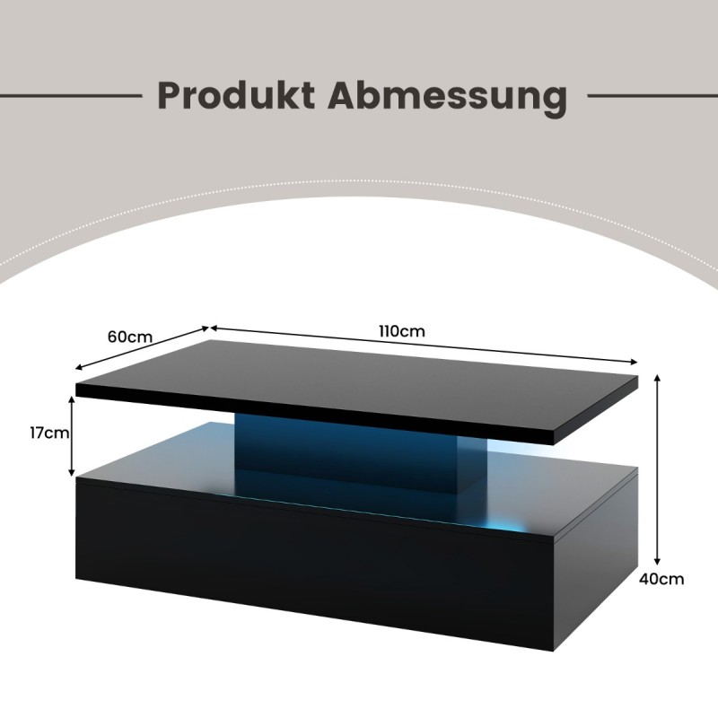 Costway Μοντέρνο Μαύρο LED Τραπεζάκι Σαλονιού Διπλής Στάθμης 110 x 60 x 40 εκ. HV10428DK