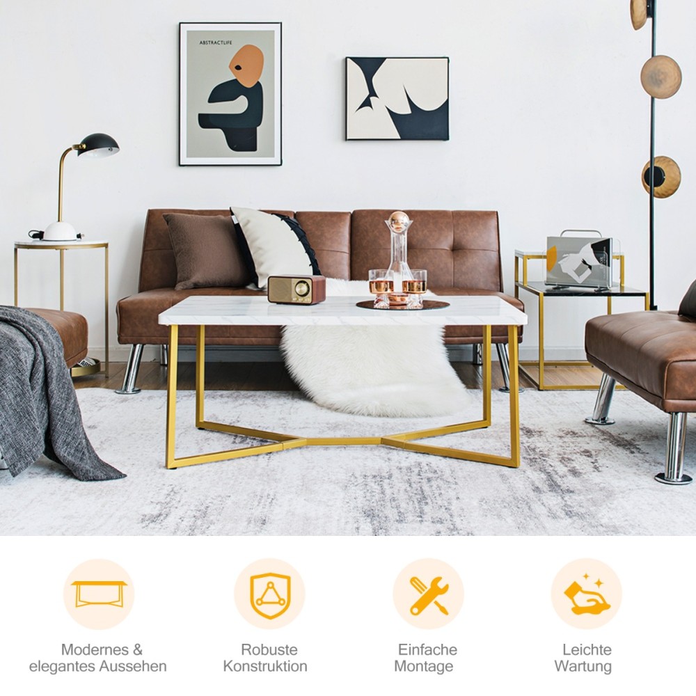 Costway Μαρμάρινο Τραπεζάκι Σαλονιού με Χρυσή Μεταλλική Βάση & Ρυθμιζόμενα Πόδια HV10491