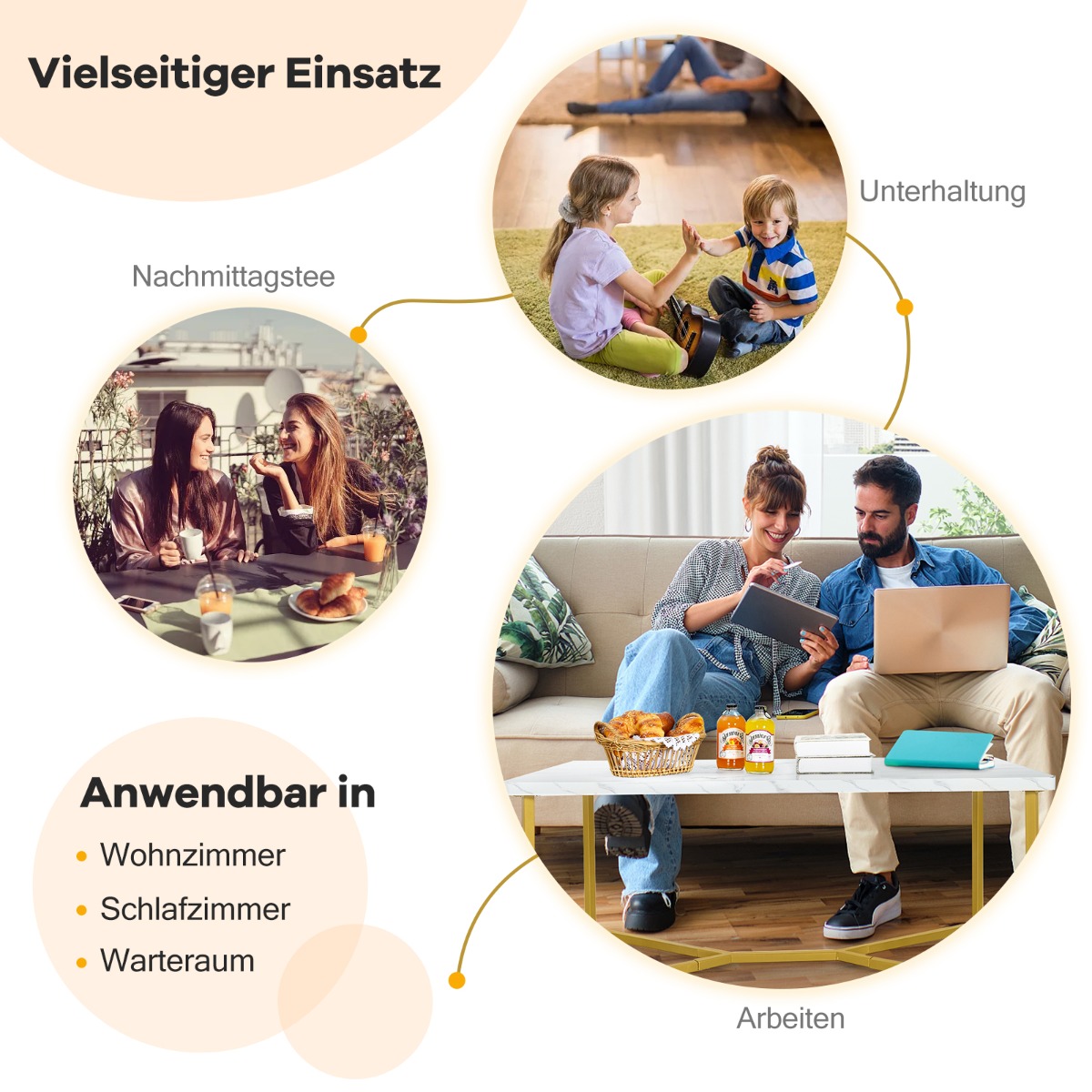 Costway Μαρμάρινο Τραπεζάκι Σαλονιού με Χρυσή Μεταλλική Βάση & Ρυθμιζόμενα Πόδια HV10491