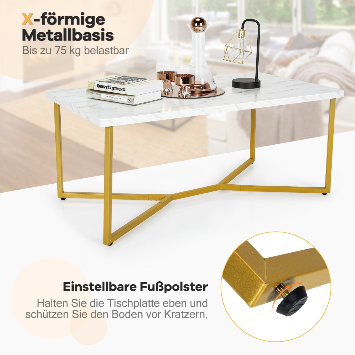 Costway Μαρμάρινο Τραπεζάκι Σαλονιού με Χρυσή Μεταλλική Βάση & Ρυθμιζόμενα Πόδια HV10491
